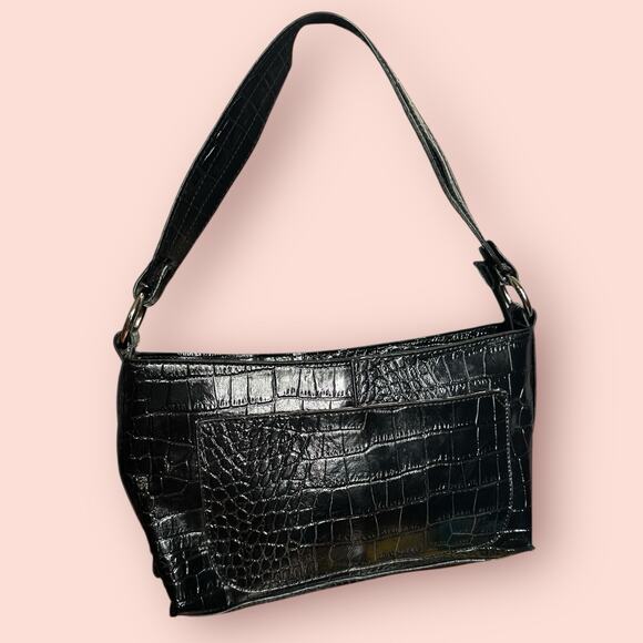 Y2K Purse Patent Shoulder Strap Small Bag Punk Black Faux Leather Alligator Goth - Picture 1 of 3